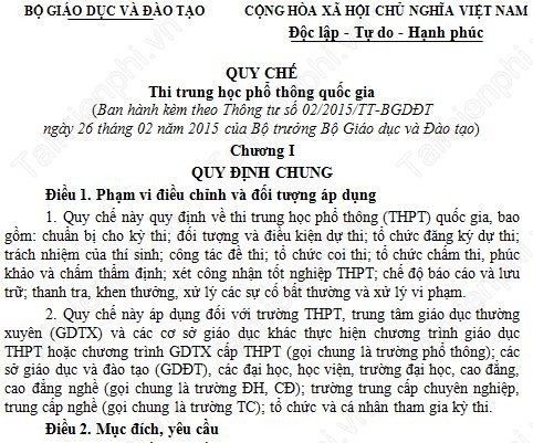 Quy chế thi THPT Quốc Gia 2015