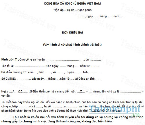 download mau don khieu nai hanh vi xu phat vi pham hanh chinh trai luat