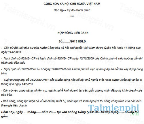 download mau hop dong lien danh nhan thau va thi cong