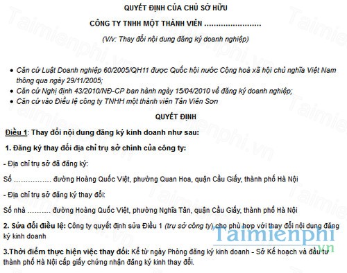 download mau quyet dinh cua chu so huu cong ty ve thay doi giay phep kinh doanh
