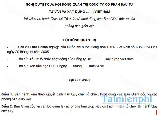 download quy che to chuc hoat dong cua ban giam doc va cac phong ban giup viec