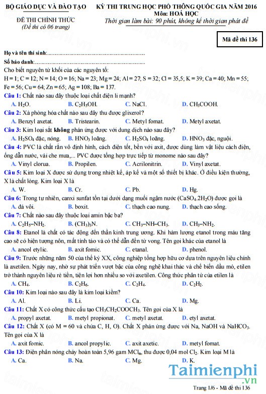 de thi mon hoa thpt quoc gia 2016