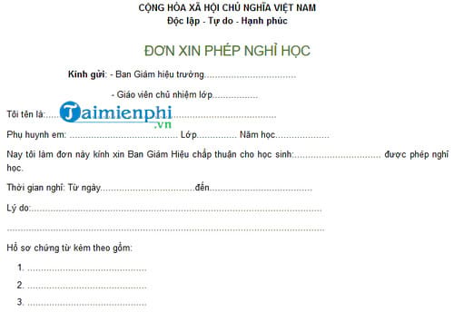 don xin nghi hoc cua phu huynh