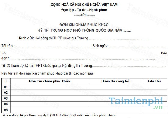 don xin cham phuc khao ky thi thpt quoc gia