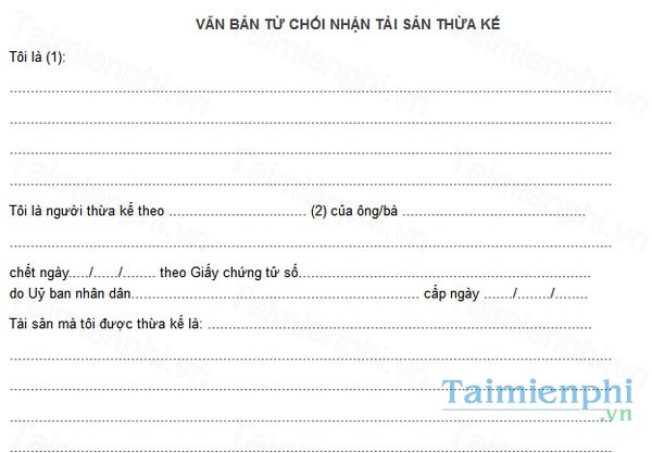download mau van ban tu choi nhan tai san thua ke