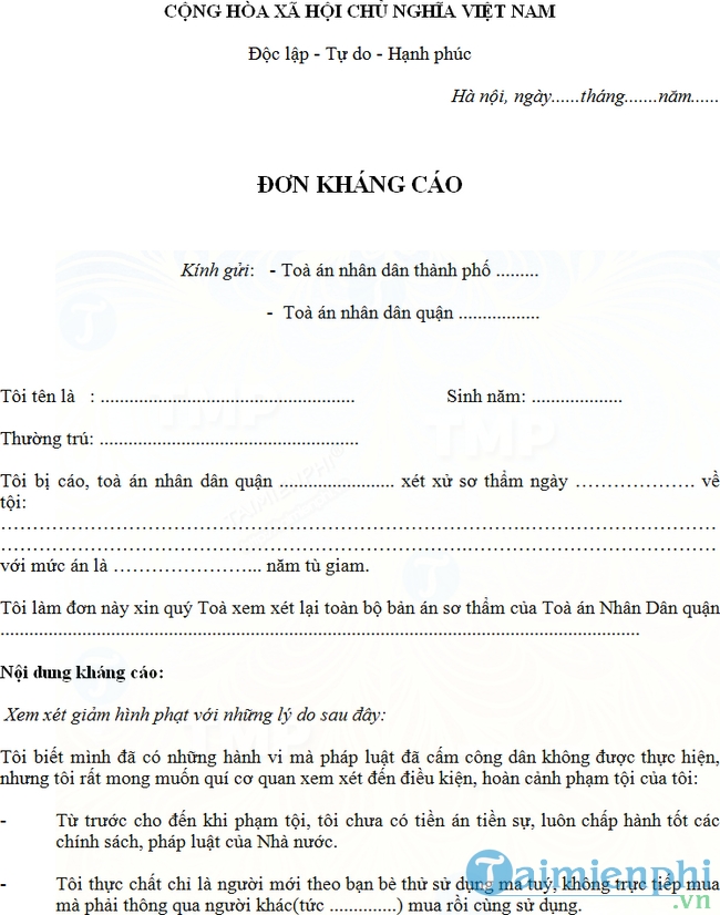 Mẫu đơn kháng cáo vụ án hình sự