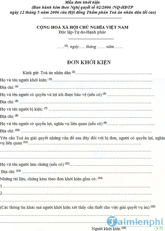 Mẫu đơn khởi kiện có hướng dẫn