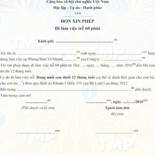 Đơn xin phép đi làm việc trễ