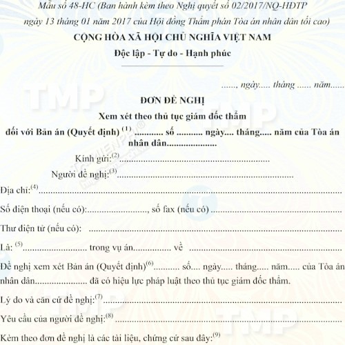 Đơn đề nghị xem xét theo thủ tục giám đốc thẩm vụ án hành chính