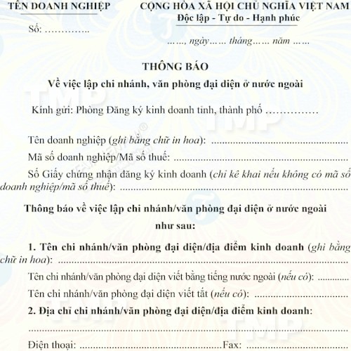 Mẫu thông báo về việc thành lập chi nhánh, văn phòng đại diện ở nước ngoài