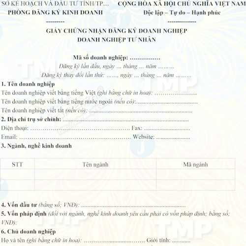 Mẫu giấy chứng nhận đăng ký thành lập doanh nghiệp tư nhân