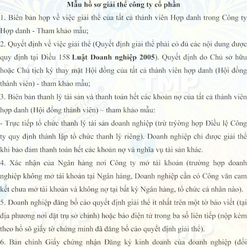Mẫu hồ sơ giải thể công ty cổ phần
