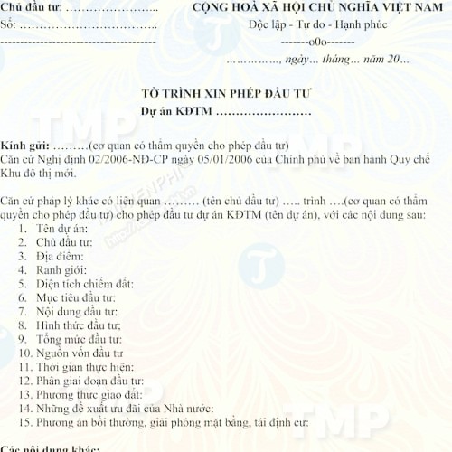 Mẫu tờ trình xin giấy phép đầu tư