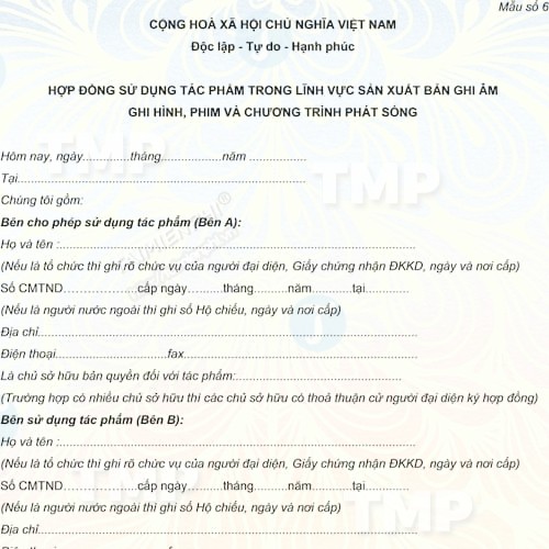 Mẫu hợp đồng sử dụng tác phẩm xuất bản ghi âm, ghi hình, phim