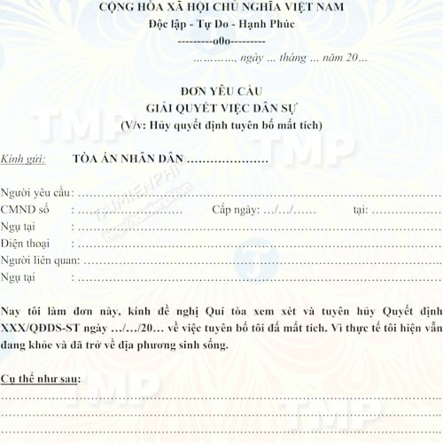 Đơn yêu cầu hủy quyết định tuyên bố mất tích