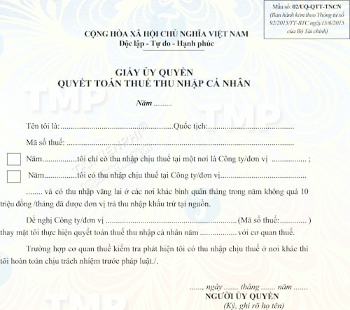 Mẫu giấy ủy quyền kê khai quyết toán thuế thu nhập cá nhân