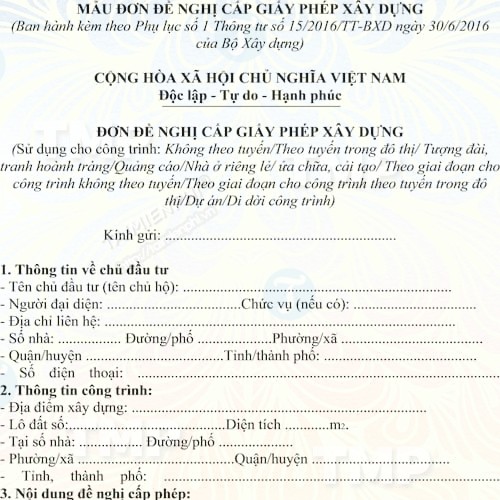 Mẫu đơn xin phép xây dựng