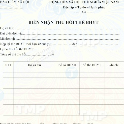 Biên nhận thu hồi thẻ BHYT