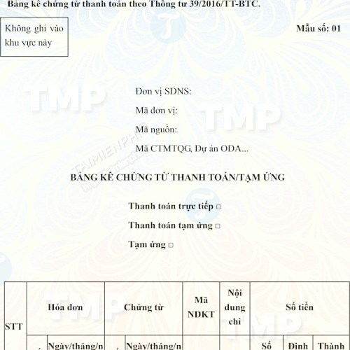 Mẫu bảng kê chứng từ thanh toán