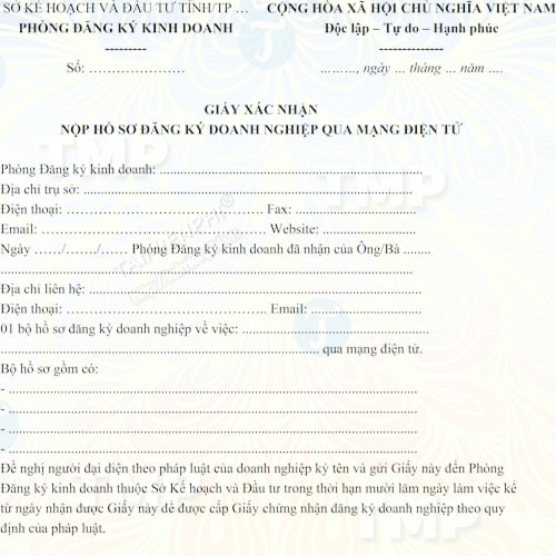Mẫu giấy xác nhận nộp hồ sơ đăng ký doanh nghiệp qua mạng điện tử