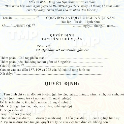 Mẫu quyết định tạm đình chỉ vụ án