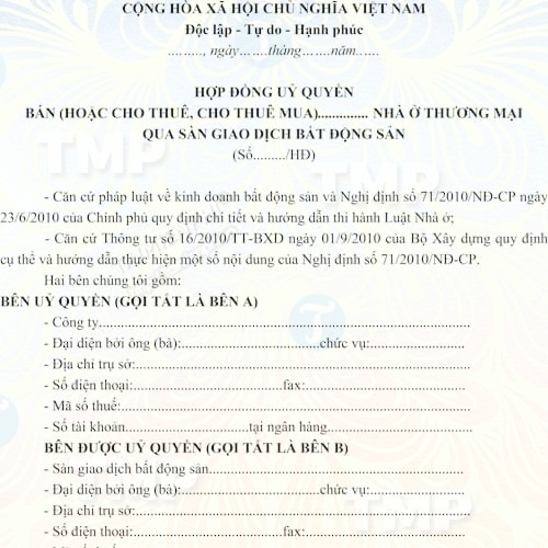 Hợp đồng ủy quyền bán, cho thuê nhà ở