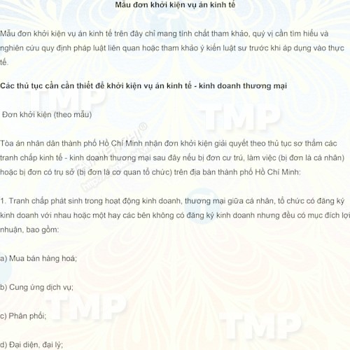 Mẫu đơn khởi kiện án kinh tế