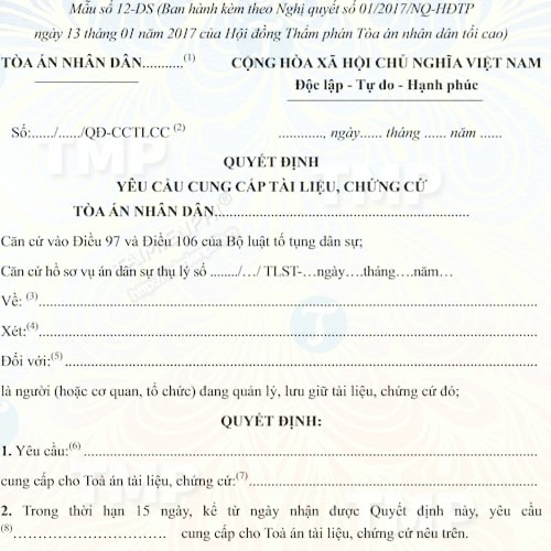 Mẫu quyết định yêu cầu cung cấp chứng cứ
