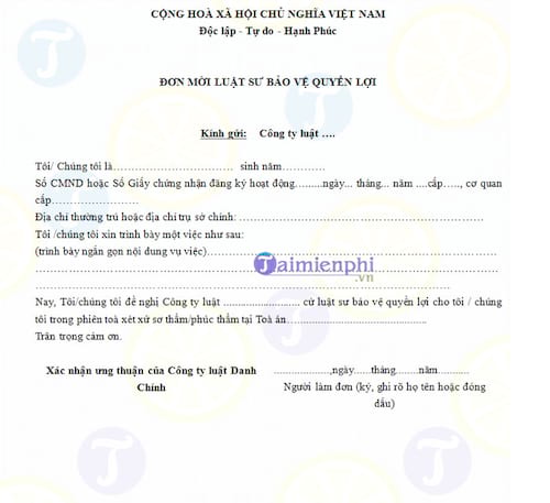 Đơn mời luật sư bảo vệ quyền lợi