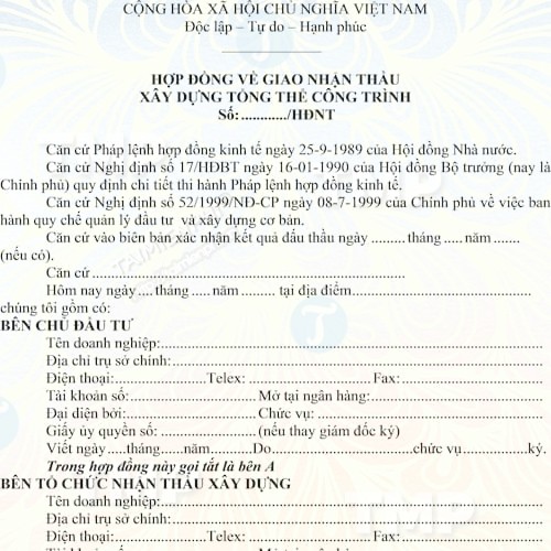 Hợp đồng về giao nhận thầu xây dựng tổng thể công trình