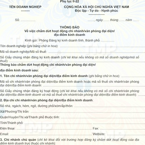 Mẫu thông báo chấm dứt hoạt động văn phòng đại diện