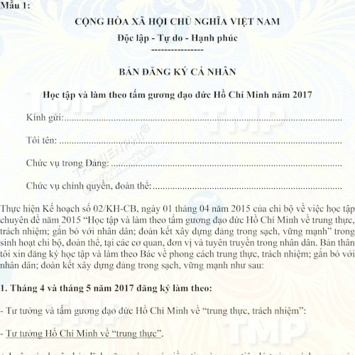 Bản đăng ký Học tập và làm theo tấm gương đạo đức Hồ Chí Minh