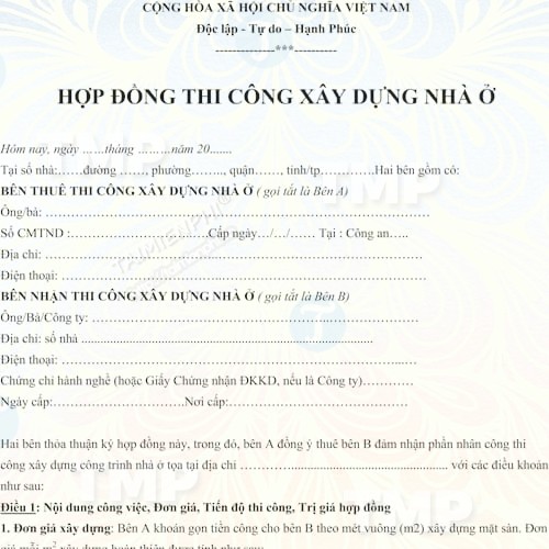 Mẫu hợp đồng thi công xây dựng nhà ở