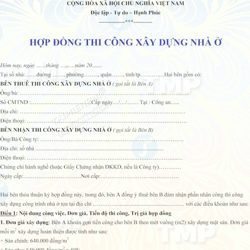 Mẫu hợp đồng thi công xây dựng mới công trình nhà ở