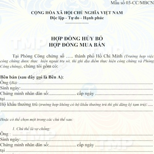 Mẫu hợp đồng hủy bỏ hợp đồng mua bán
