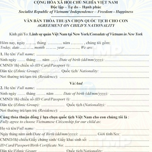 Mẫu văn bản thỏa thuận chon quốc tịch cho con
