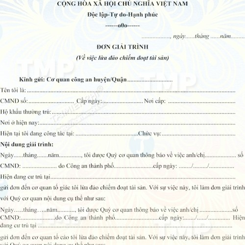 Mẫu bản giải trình về việc đơn tố cáo chiếm đoạt tài sản
