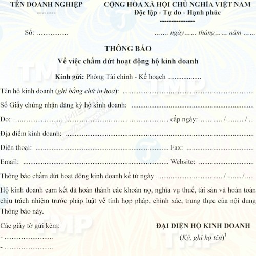 Mẫu thông báo chấm dứt hoạt động kinh doanh