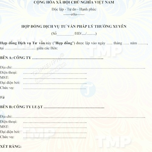 Mẫu hợp đồng dịch vụ tư vấn pháp lý thường xuyên