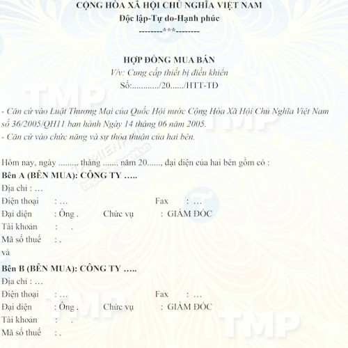 Mẫu hợp đồng mua bán thiết bị điều khiển