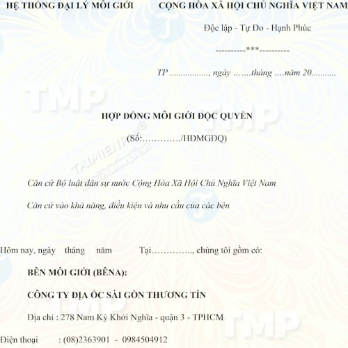 Mẫu hợp đồng môi giới độc quyền