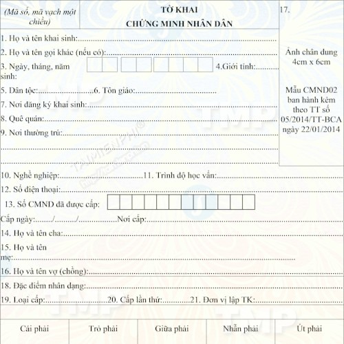 Mẫu tờ khai cấp chứng minh nhân dân