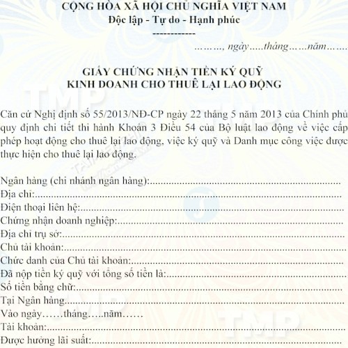 Mẫu giấy chứng nhận tiền ký quỹ kinh doanh cho thuê lại lao động