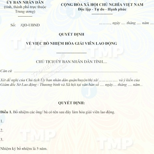 Mẫu quyết định bổ nhiệm hòa giải viên lao động