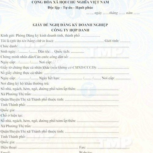 Mẫu giấy đề nghị đăng ký thành lập công ty hợp danh