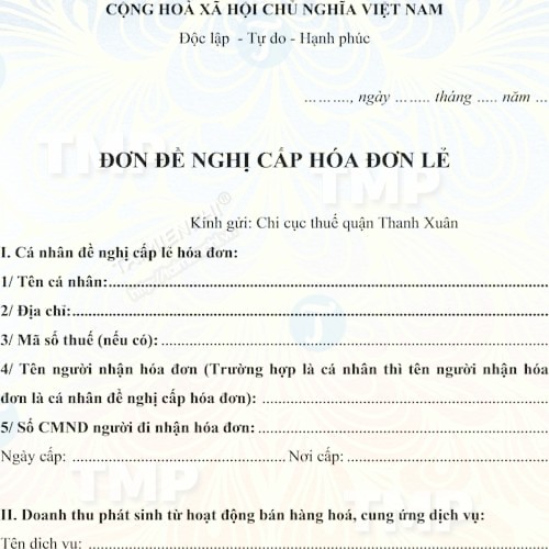 Mẫu đơn đề nghị cấp hóa đơn lẻ dùng cho cá nhân