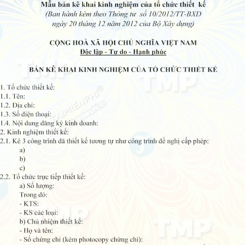 Mẫu bản kê khai kinh nghiệm của tổ chức thiết kế