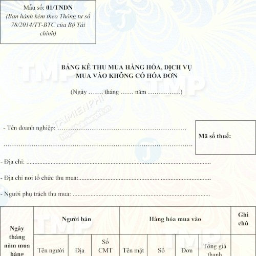 Bảng kê thu mua hàng hóa không có hóa đơn