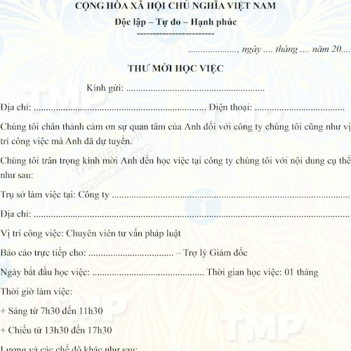Mẫu thư mời học việc