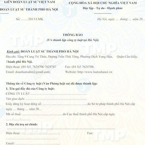 Thông báo thành lập công ty Luật tại đoàn Luật sư thành phố Hà Nội